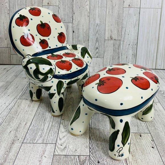 VTG Ganz Kitchy Gardner Bank Cherry Tomato Chair Ottoman Signed Farmhouse Decor - Picture 1 of 16